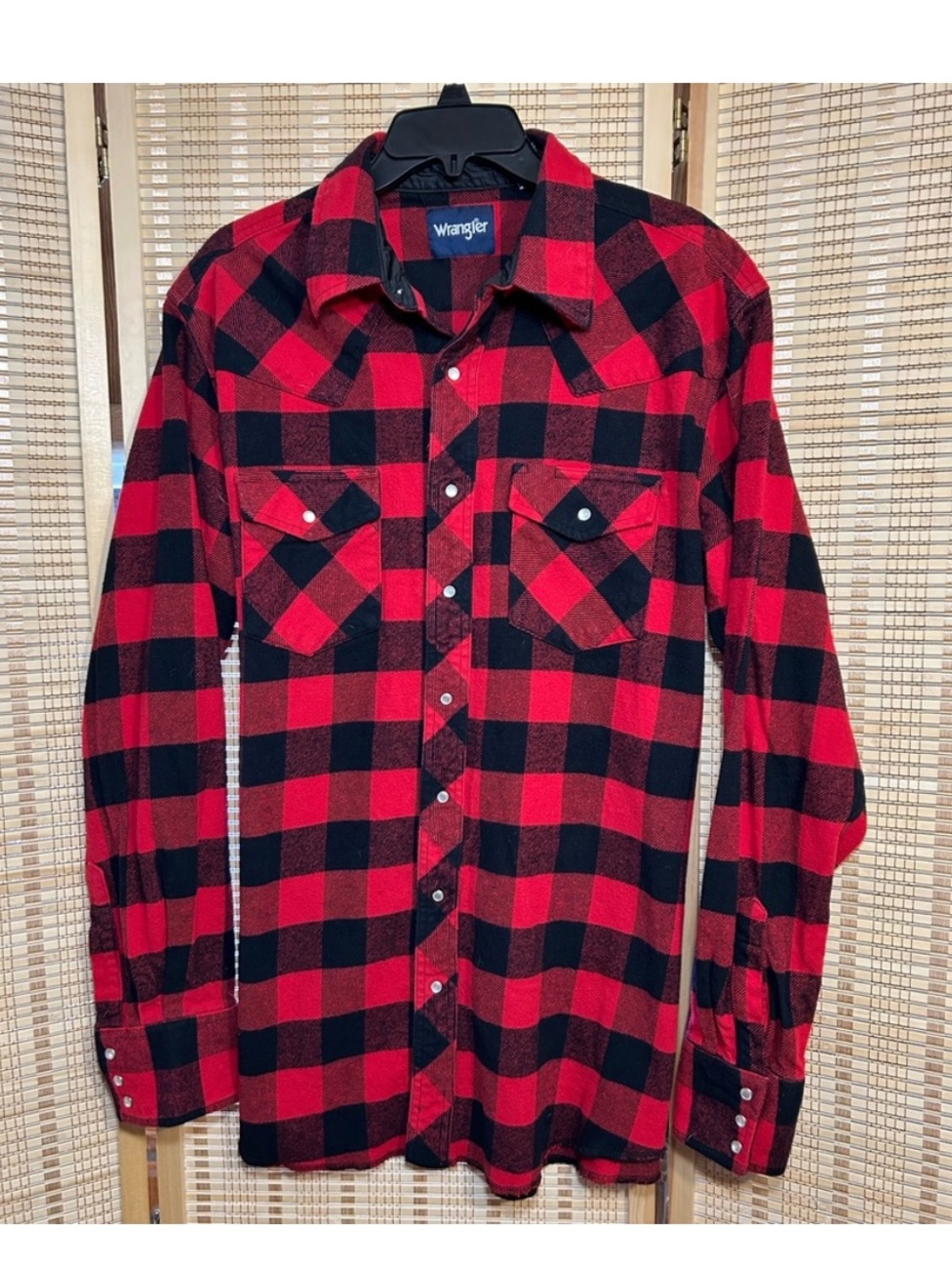 Men’s Red and Black Plaid Wranglers Pearl Snap Long Sleeve Shirt